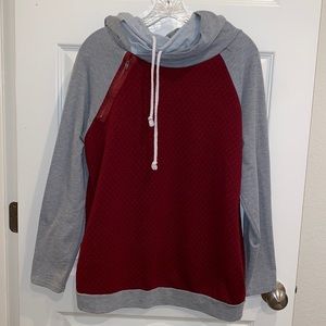 REGENBOGEN Sz L Sweatshirt Hoodie Coat Double Hood Quilted Detail Gray Dark Red